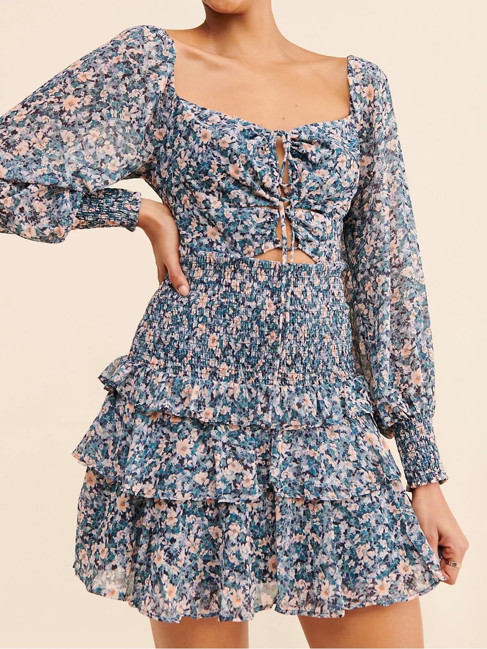 ASTR The Label Marietta Floral Cinched Cutout Mini Dress Blue Peach Multi Medium